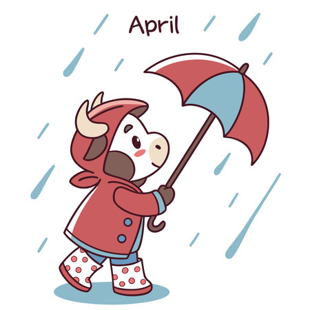 Illustration of a Cute Cartoon Bull with Umbrella and Rainのイラスト素材