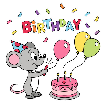 Cute cartoon mouse with birthday cake and balloons. Vector illustration.のイラスト素材