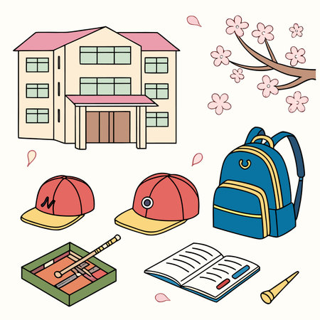 Japanese school items with building and cherry treeのイラスト素材