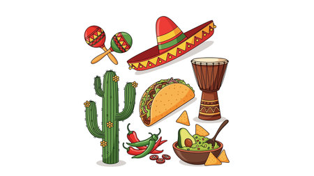 Mexican fiesta elements including sombrero, maracas, tacos, guacamole, chili peppers, and a cactus. Vibrant celebration items.のイラスト素材