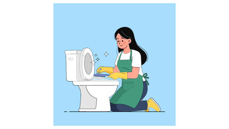 Woman cleaning toilet bowl in bathroom flat vector illustration. Cartoon female character in apron cleaning toilet.のイラスト素材