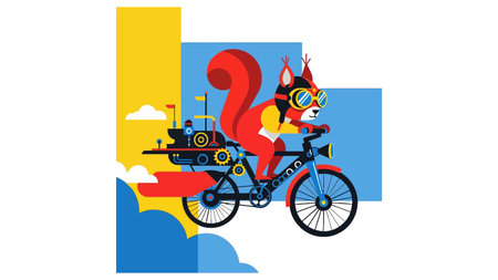 Funny illustration of squirrel in goggles on steampunk bicycle flying through sky. Whimsical invention with gears and smoke effects.のイラスト素材