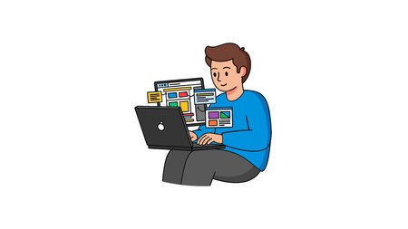 Boy sitting and typing on a laptop computer. Display shows various application  and web pages....