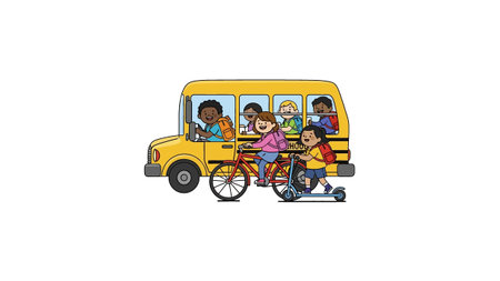 Flat cartoon vector illustration featuring happy kids on yellow school bus accompanied by girl on...