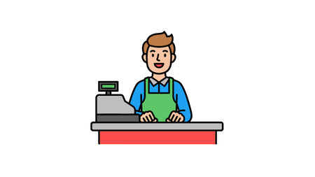Smiling cashier in green apron behind counter with cash register, retail service
