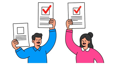 Enthusiastic couple celebrating civic duty by displaying marked election papers with positive ticks...