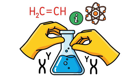 Chemical experiment in laboratory with beaker held by hands, formula, chromosomes, information sign,...
