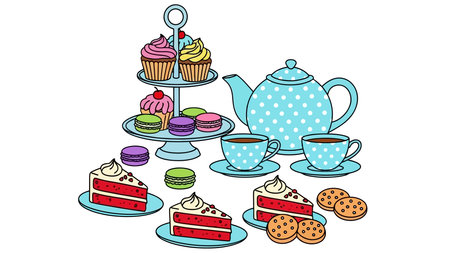 Illustration of a tea setting with cakes, cupcakes, and cookies on a white background