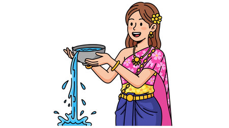 Cartoon woman in traditional attire pouring water from a bowlのイラスト素材