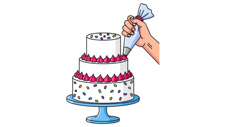 Hand decorating a white cake with red and black designs on a blue stand