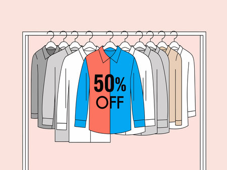 A graphic advertising a 50 percent discount on clothing items displayed on a rack