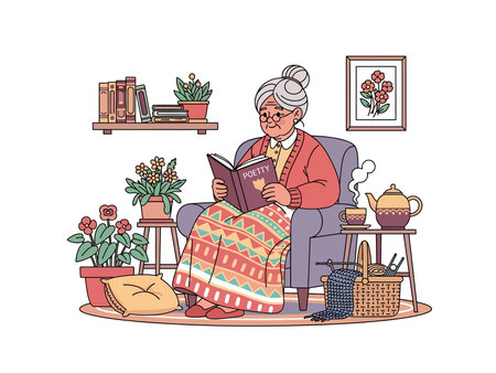 Elderly woman enjoys a peaceful moment reading a poetry book while sitting comfortably in her armchair at homeのイラスト素材