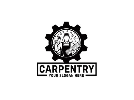 A carpentry  featuring a skilled carpenter holding tools and wood, set within a gear emblem, perfect for woodworking businesses.のイラスト素材