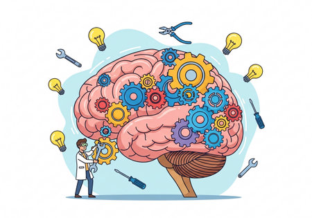 A detailed illustration showing a human brain with interlocking gears and various tools, symbolizing...