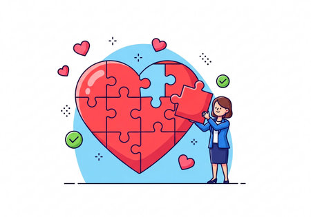 A woman is shown assembling a large red heart puzzle, representing the completion and strengthening of love, connection, and relationships.のイラスト素材