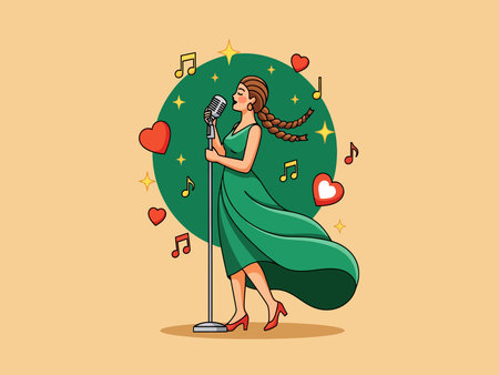 A stylized illustration of a woman in a flowing green dress singing passionately into a retro microphone, surrounded by musical notes and hearts, conveying a sense of performance and emotion.のイラスト素材
