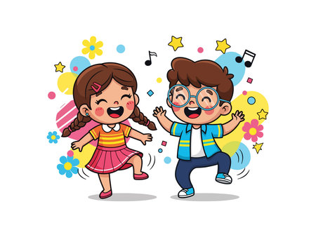 Two cheerful children, a boy and a girl, are enthusiastically dancing and smiling. They are surrounded by musical notes and vibrant, playful decorations, suggesting a fun and lively atmosphere.のイラスト素材