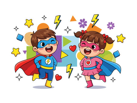 Two happy cartoon children dressed as superheroes, a boy and a girl, running and smiling with a vibrant, playful background filled with shapes and lightning bolts.のイラスト素材