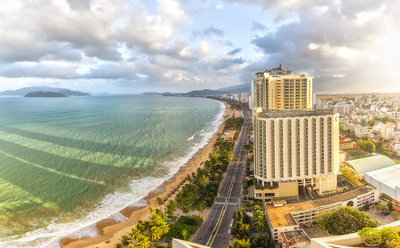 Nha Trang, Khanh Hoa, Vietnam - February 2nd, 2015 Nha Trang Sea catch the afternoon sun with skyscrapers and clean beaches and the foreign tourists Attract tourists in the city of Nha Trang, Khanh Hoa, Vietnamのeditorial素材