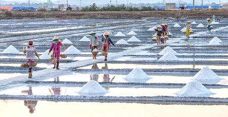 Khanh Hoa, Vietnam, June 30th, 2015: Farmers salt going down the burden levees, go back with double the burden on shoulders full of salt align many hurried step on embankments around waiting for added salt burdens in Khanh Hoa, Vietnamのeditorial素材
