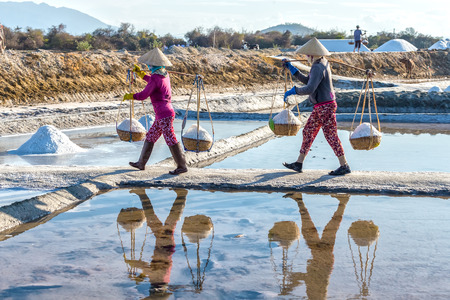 Khanh Hoa, Vietnam, June 30th, 2015: Farmers Carrying salt on embankment with full shoulders the burden hurried mirror alignment salt water Into create beauty peasant labor in Khanh Hoa, Vietnamのeditorial素材