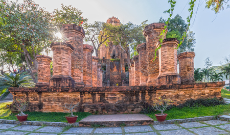 Khanh Hoa, Vietnam - February 2nd, 2015: The beauty of architecture with high Ngar Cham Towers Po is the church tower from Cham deities earthenware sun rays radiating side standing in Khanh Hoa, Vietnamのeditorial素材