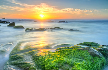 Dawn on ancient rocks moss covered with colorful sky welcome beautiful new day on the bay
