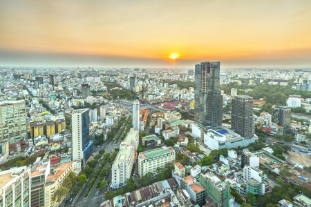 Ho Chi Minh City, Vietnam - April 11, 2017: High angle view of the Saigon skyline when the sun shines downのeditorial素材