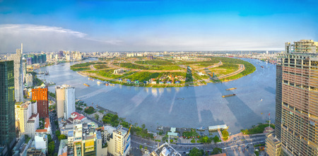 Ho Chi Minh City, Vietnam - April 11, 2017: Panorama of the Saigon skyline when the sun shines downのeditorial素材