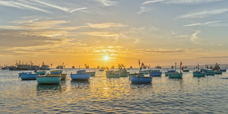 Mui Ne, Vietnam - February 18th, 2017: Sunset at Fishing village and traditional fishing boats in Mui Ne, Vietnamのeditorial素材