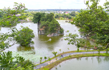 Peninsula, seen from above in the area of ??ecotourism with a large lake landscapeの写真素材