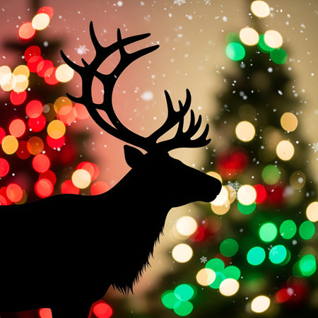 festive christmas background with a reindeer silhouette, christmas trees, and falling snow effect.の素材