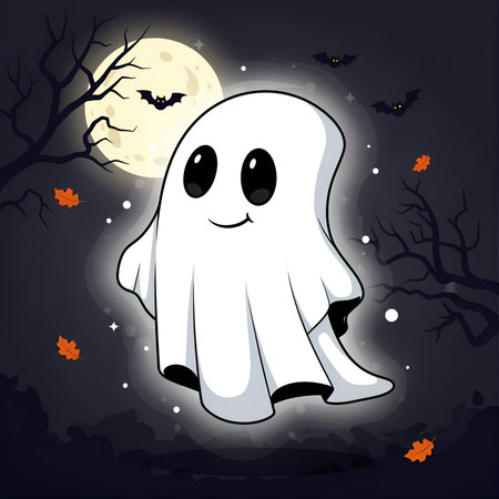 a cute cartoon ghost with bats and moon. perfect for halloween themed designs and illustrations.の素材