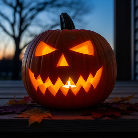 A spooky jack o lantern glows with candlelight, a perfect halloween decoration for the fall season.の素材