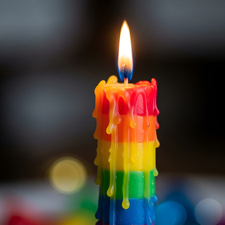 a vibrant rainbow candle burns brightly, its colorful wax dripping down in a mesmerizing display of lightの素材