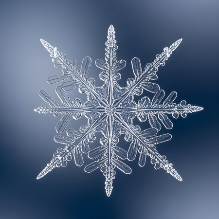 a macro shot of a single snowflake, showcasing its intricate details against a blue gradient backgroundの素材