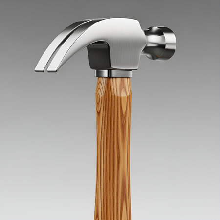 A close up of a claw hammer with a wooden handle, perfect for construction and repair projects.の素材