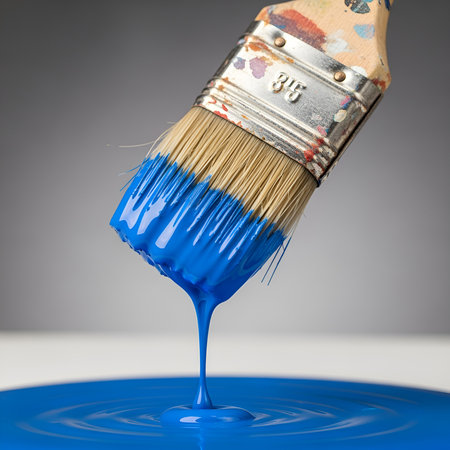 a close up shot of blue paint dripping from a paintbrush into a container of blue paint in studioの素材