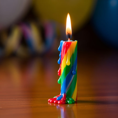 a bright rainbow candle with a burning flame, perfect for a birthday party celebration and decorationの素材