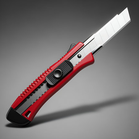 A red and black utility knife with a sharp, retractable blade, perfect for cutting boxes and other materialsの素材