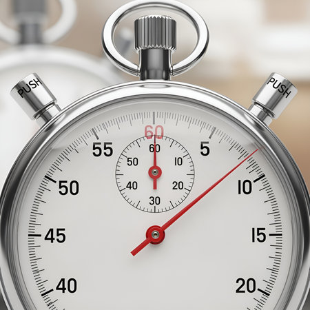 A close-up of a stopwatch showing time, speed and accuracy. Perfect for timing and measuring events.の素材