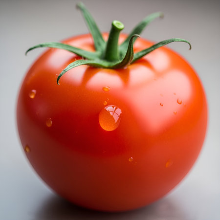 a vibrant red tomato glistens with water droplets, a testament to its freshness and juicy flavor.の素材