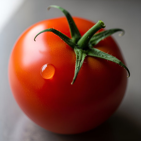 a vibrant red tomato with a single water droplet, showcasing its freshness and healthy appeal in detail.の素材