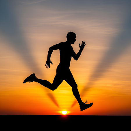 a silhouette of a man running during sunset, promoting fitness, health and an active lifestyle.の素材