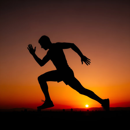 a silhouette of a man running against a vibrant sunset, embodying fitness and healthy lifestyle choicesの素材