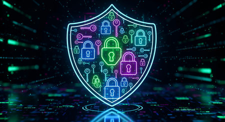 Cyber security shield with locks and keys for data protection and network security illustration conceptの素材
