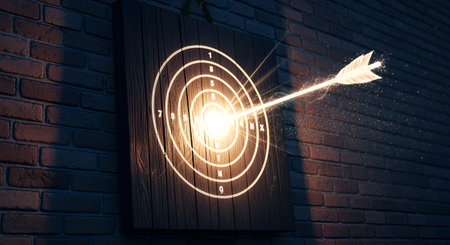 Arrow hitting target bullseye archery success concept achieving goals and accuracy in business strategyの素材