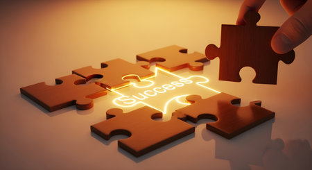 Puzzle pieces success strategy business concept teamwork solution completing jigsaw connection plan achievementの素材