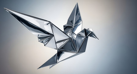 Silver origami bird flying high quality image for origami art and paper folding projects and tutorials onlineの素材