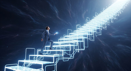 Businessman climbing digital stairs to success career path achievement and opportunity concept imageの素材